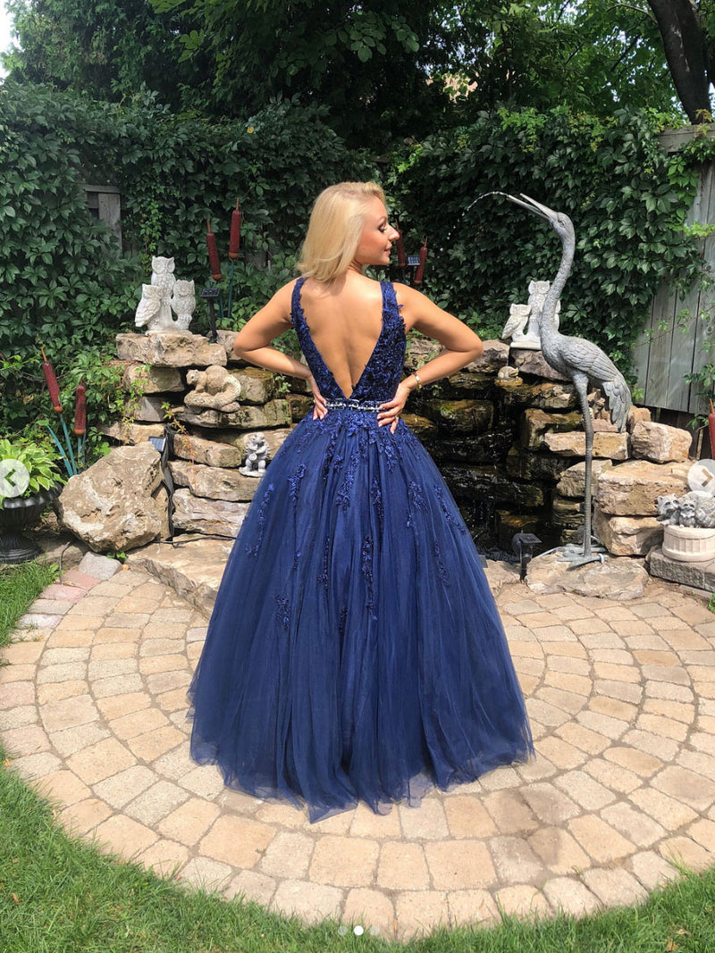 Blue v neck tulle lace long prom dress, blue bridesmaid dress