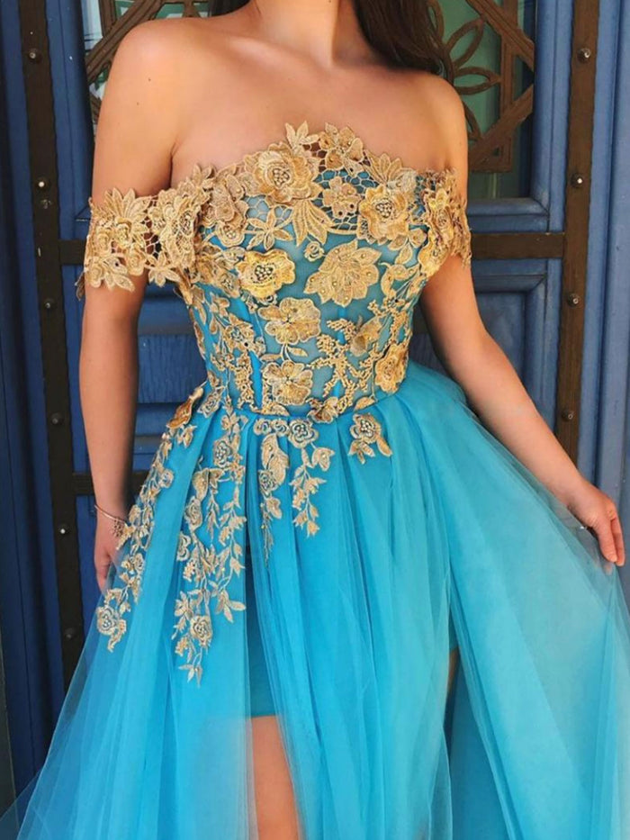 Aline Blue Lace Long Prom Dress, Blue Formal Graduation Dresses