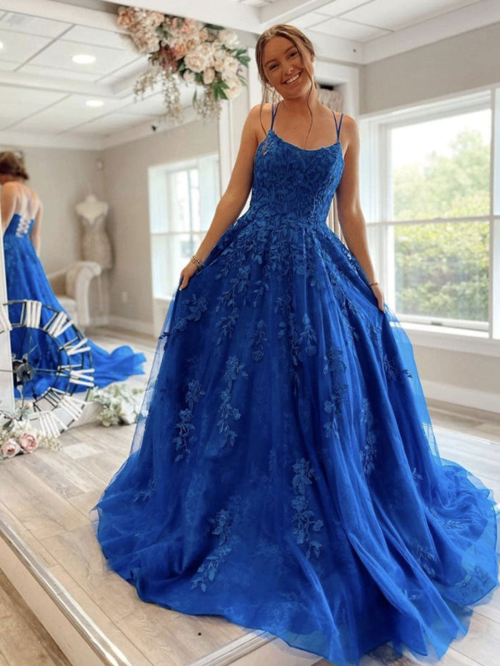 Blue backless lace long prom dress blue lace graduation dress