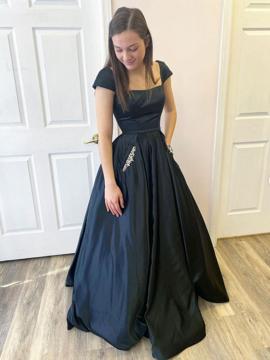Black satin long prom dress black bridesmaid dress