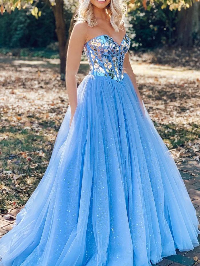 Blue sweetheart neck tulle long prom dress blue tulle formal dress