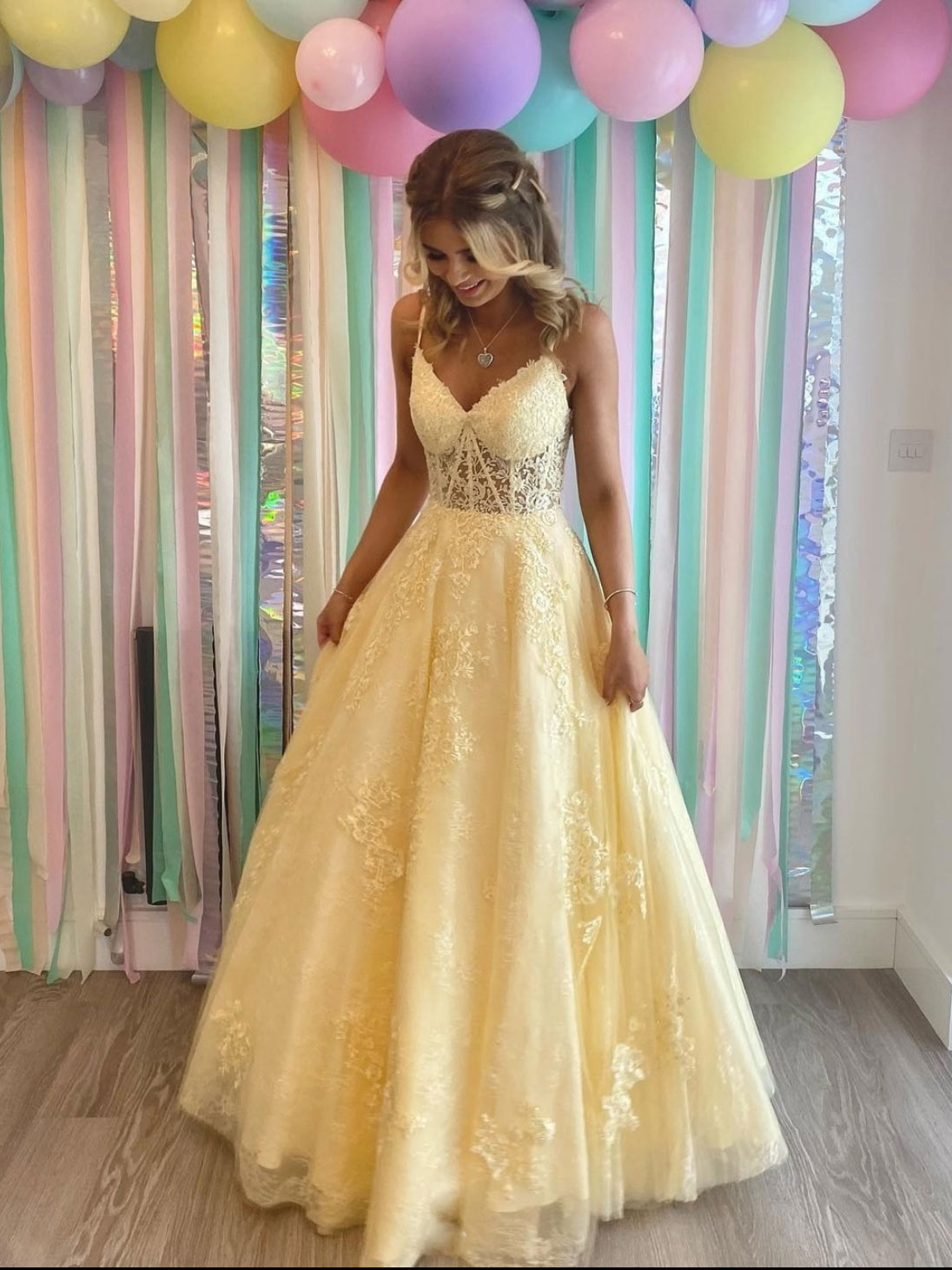 yellow grad party dress A-line Strapless Layered Yellow Long Prom Dress Party Dress PSK621 US6 / Yellow