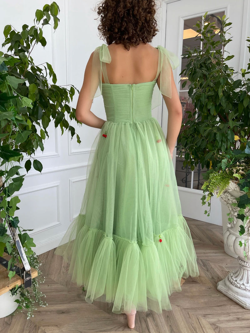 Green tulle tea length prom dress, tulle formal dress