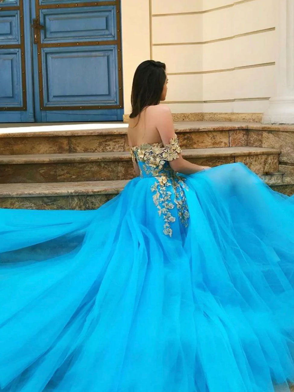 Aline Blue Lace Long Prom Dress, Blue Formal Graduation Dresses – toptby