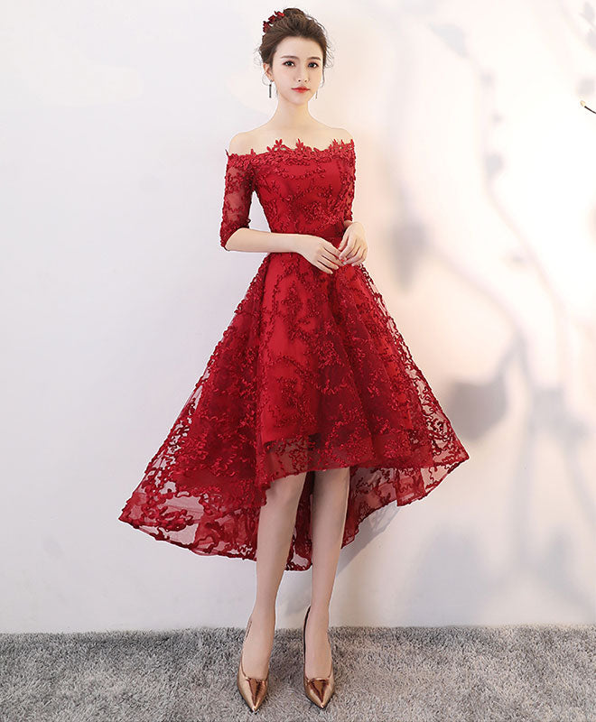 Burgundy lace high low prom dress, burgundy homecoming dress – toptby