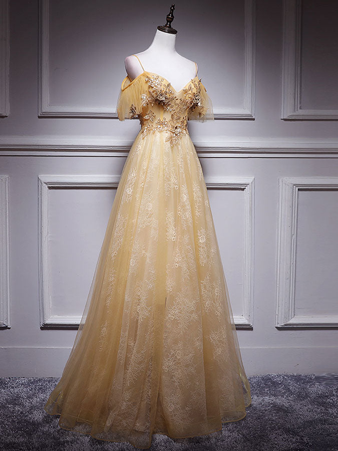 Gold v neck tulle lace long prom dress, gold tulle evening dress – toptby