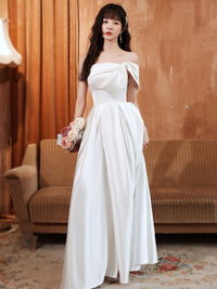Simple white satin long prom dress, white long bridesmaid dress