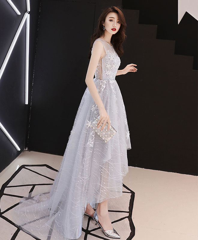 A line Hight Low Lace Prom Dresses, Gray Tulle Homecoming Dresses