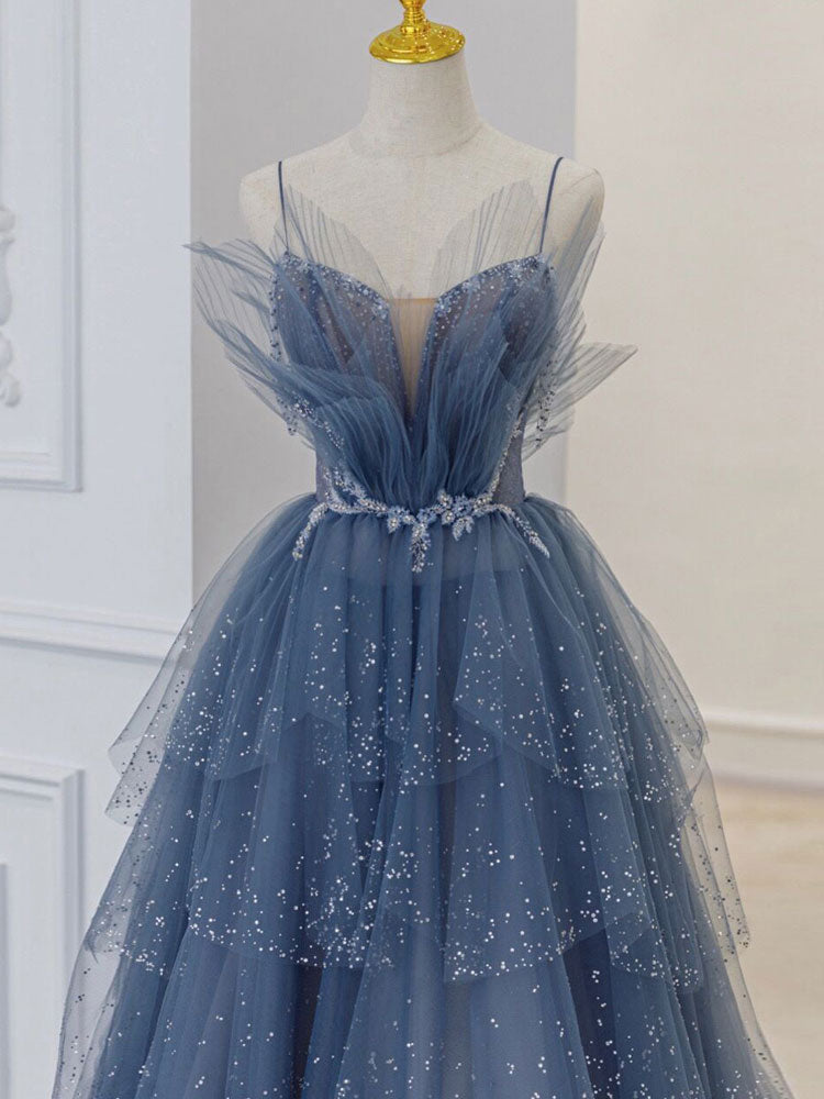 Gray blue tulle sequin beads long prom dress, blue evening dress