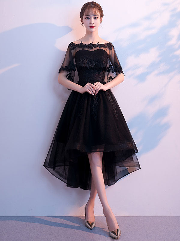 Black tulle lace short prom dress, black homecoming dress