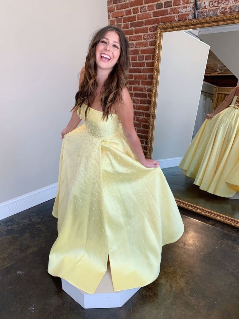 Yellow satin beads long prom dress yellow formal dress