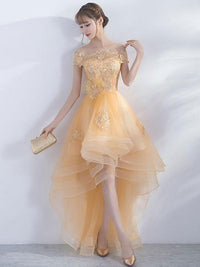 Champagne tulle lace short prom dress, champagne evening dress