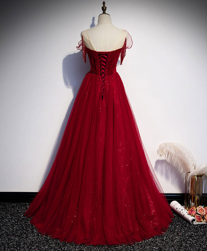 burgundy tulle round neck long prom dress burgundy evening dress