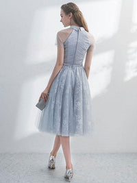 Cute gray tulle lace short prom dress, gray evening dress