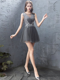 Cute gray tulle lace short prom dress, homecoming dress