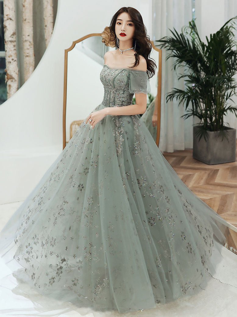 Gray green tulle lace long prom dress gray green evening dress