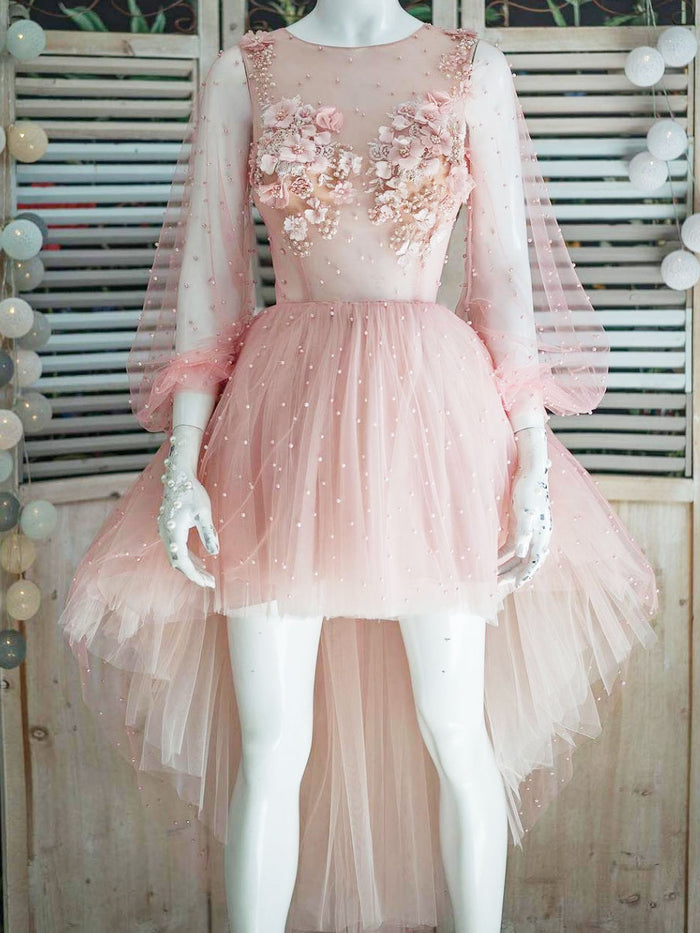 Pink tulle lace high low short prom dress, pink homecoming dress