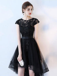 Black lace short prom dress, hight low homecoming dress