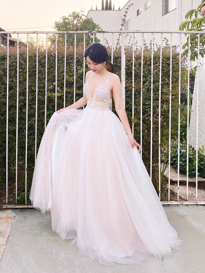 Light pink v neck tulle sequin beads long prom dress pink tulle formal dress