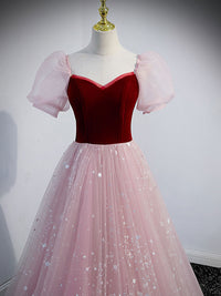 Simple pink A line tulle long prom dress, pink evening dress