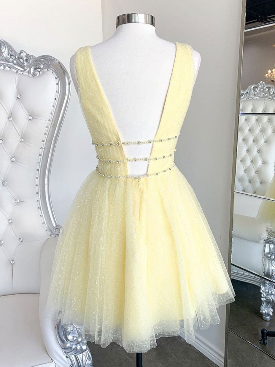 Yellow v neck tulle sequin short prom dress yellow formal dress