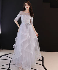 Gray tulle lace long prom dress, gray tulle formal dress