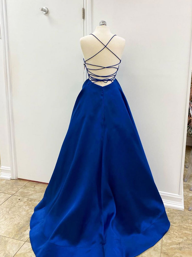 Simple blue satin long prom dress blue evening dress