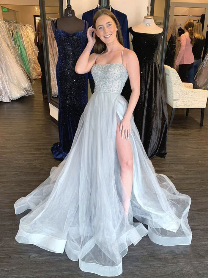 Gray tulle sequin beads long prom dress gray formal dress