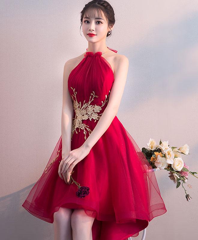 Burgundy tulle lace short prom dress. homecoming dress
