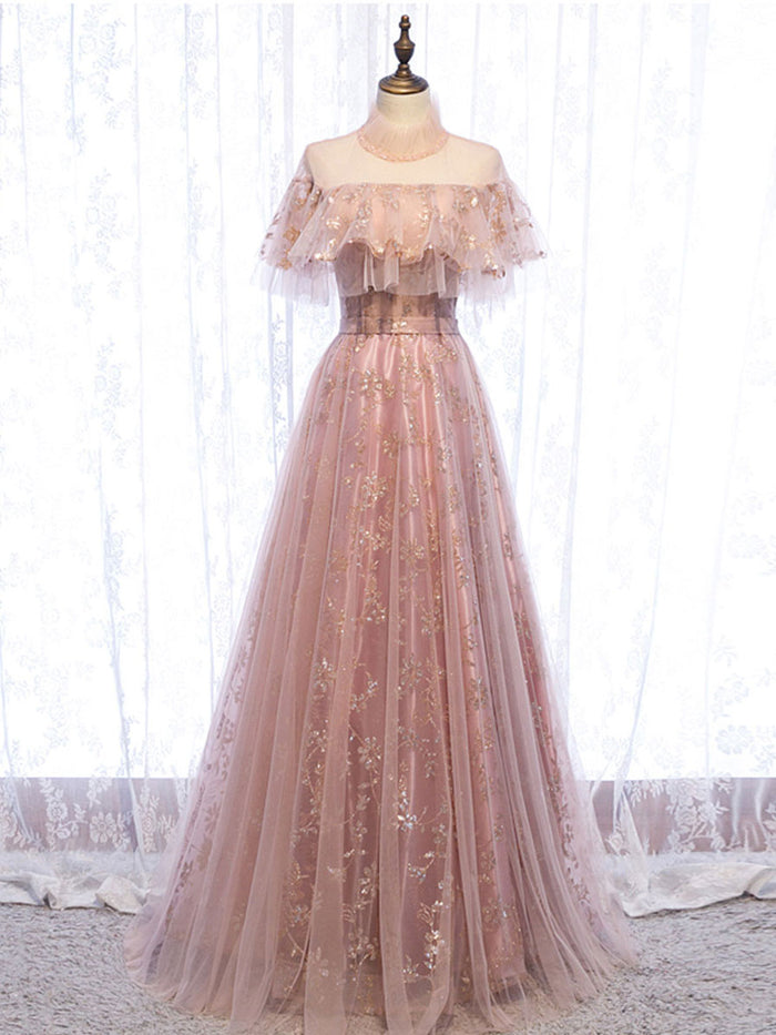 Pink tulle lace long prom dress pink tulle formal dress