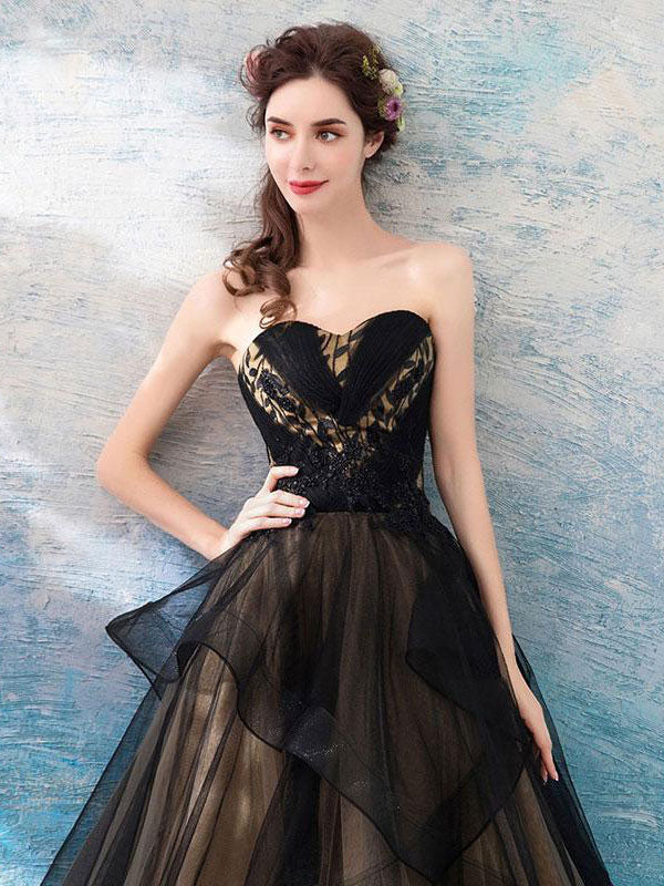 Black sweetheart neck tulle long prom dress, black evening dress