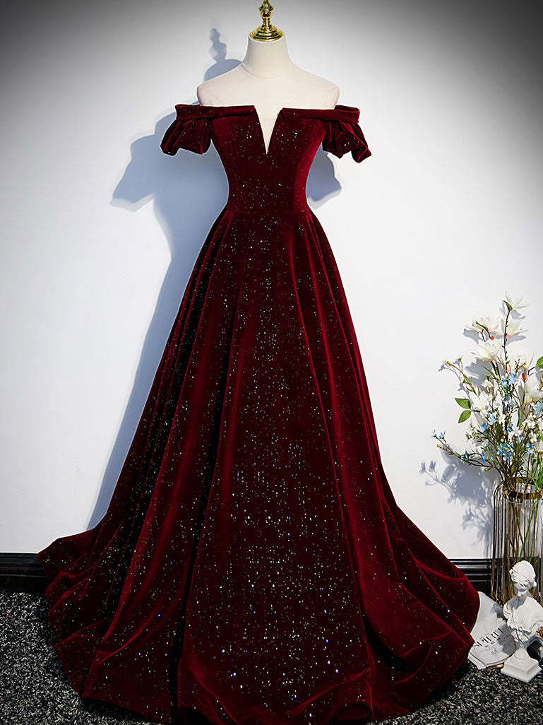 Burgundy Velvet long prom dress, burgundy evening dress