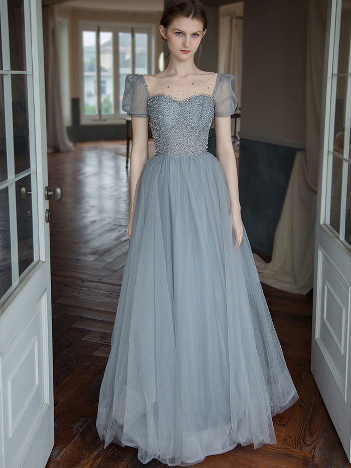 Gray tulle beads long prom dress, gray tulle formal dress