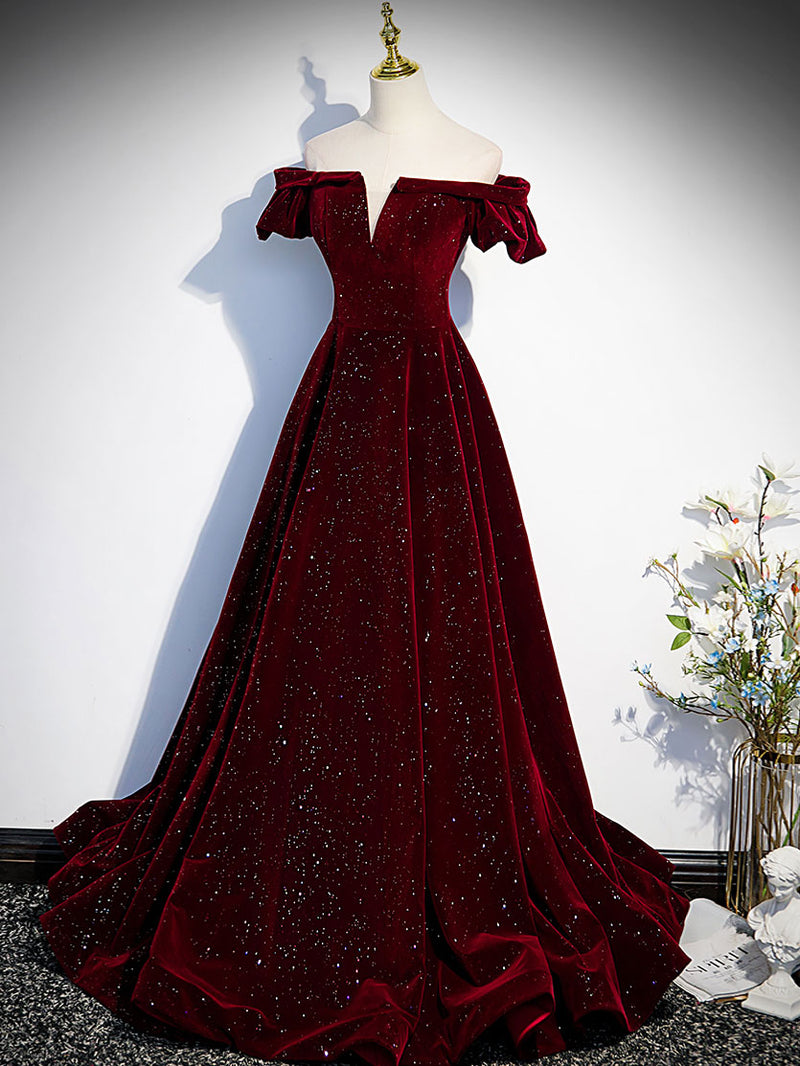 Burgundy Velvet long prom dress, burgundy evening dress