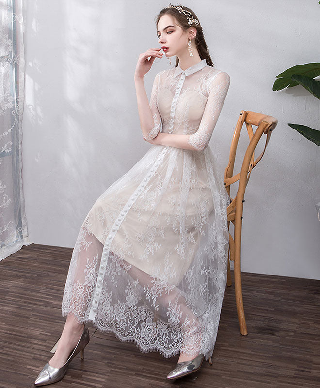 Cute lace high neck prom dress, lace bridesmaid dress