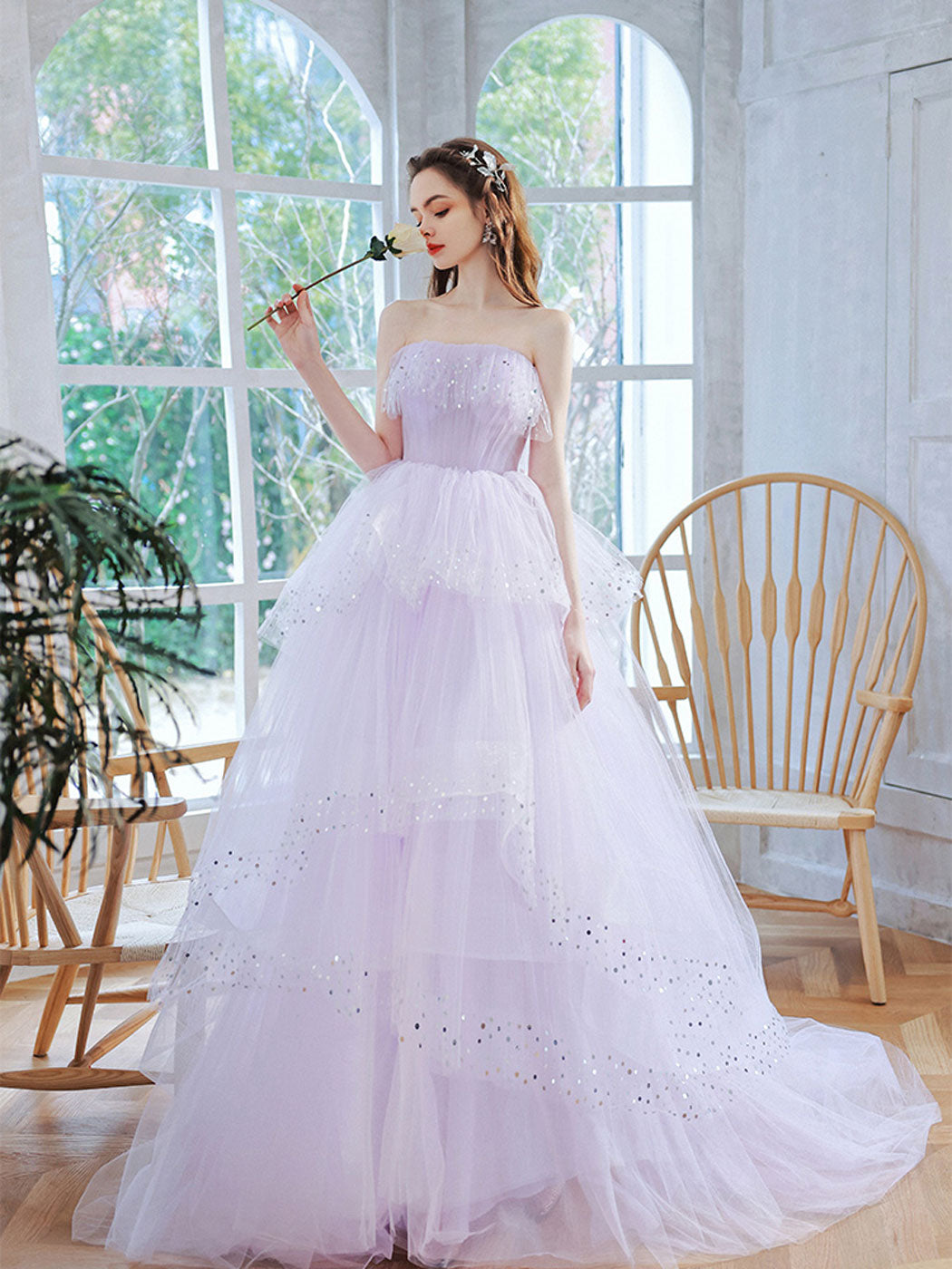 Purple Long Prom Dress, Tulle Sequin Long Purple Sweet 16 Dresses