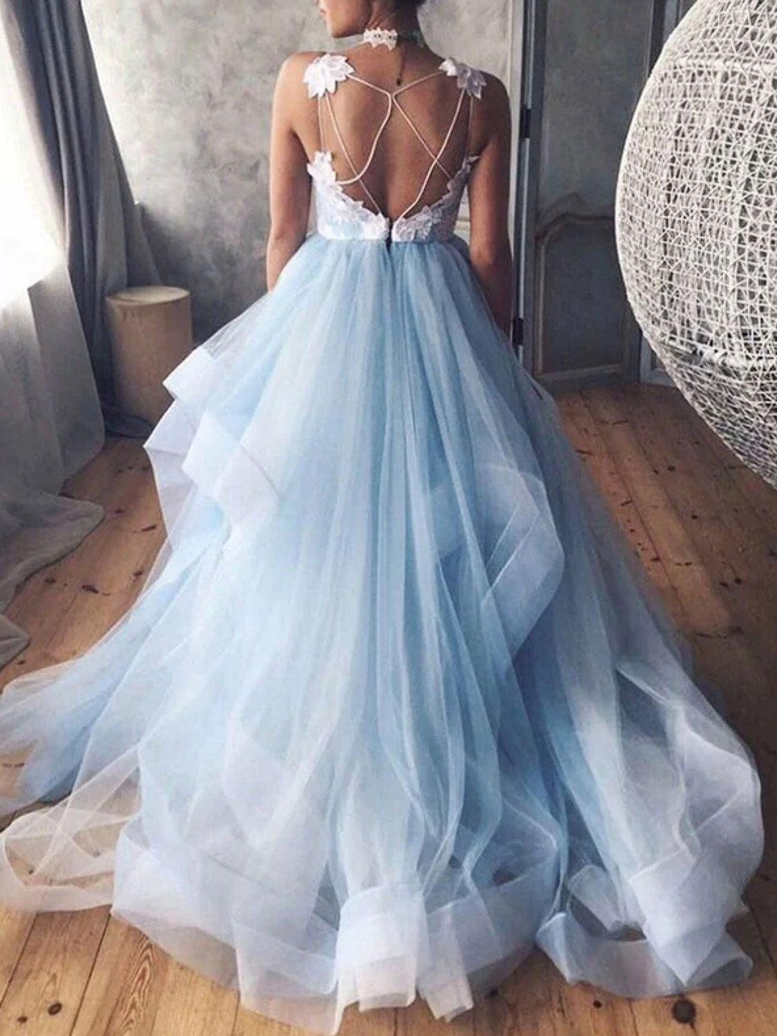 V neck tulle lace blue prom dress backless formal blue evening dress