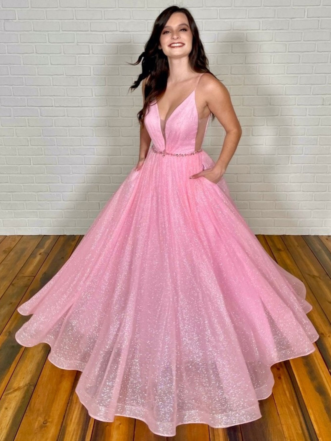 Pink v neck tulle sequin long prom dress, pink evening dress