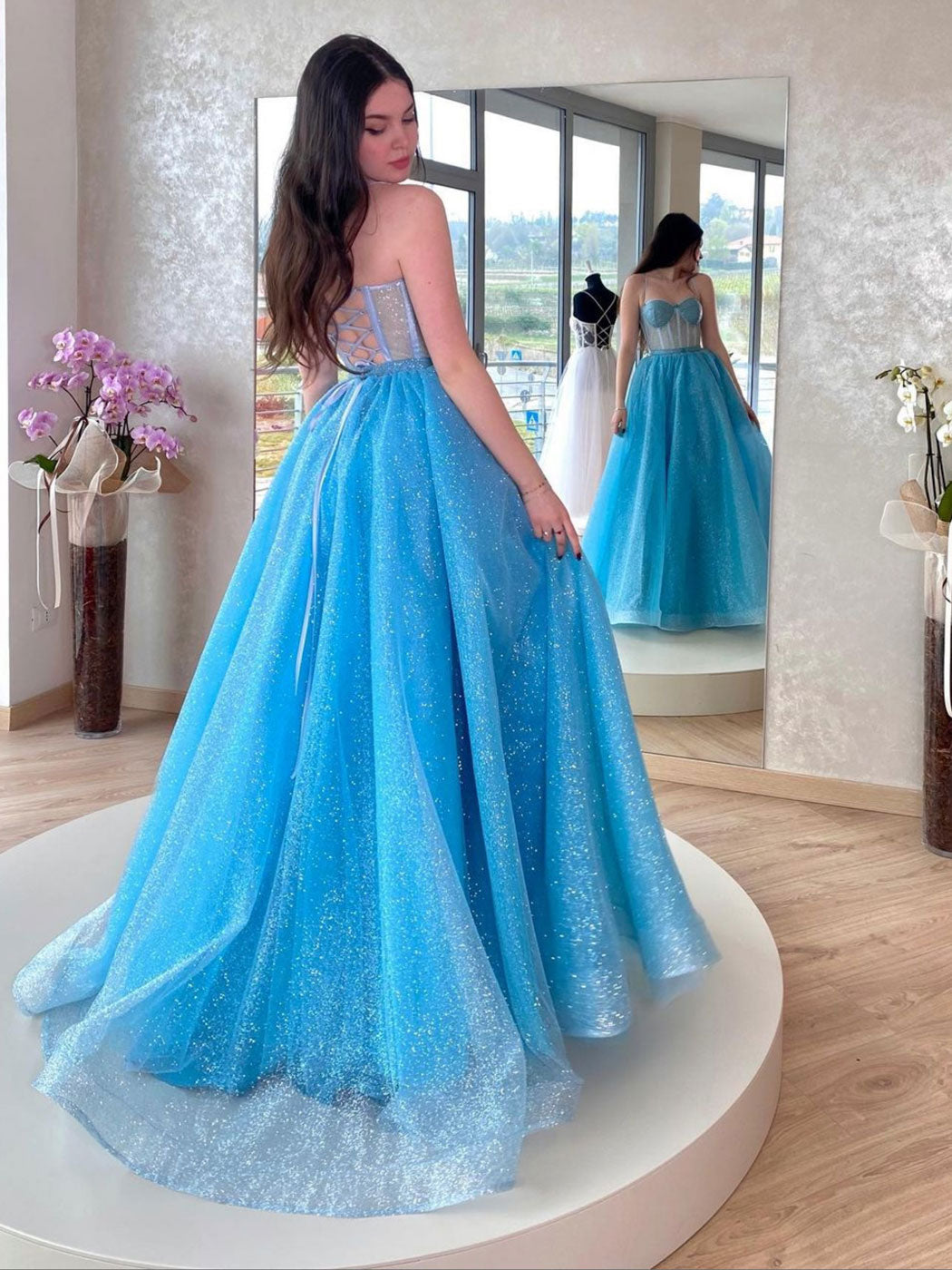 Blue sweetheart neck tulle sequin long prom dress, blue evening dress toptby Blue sweetheart neck tulle sequin long prom dress, blue evening dress toptby
