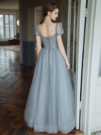 Gray tulle beads long prom dress, gray tulle formal dress