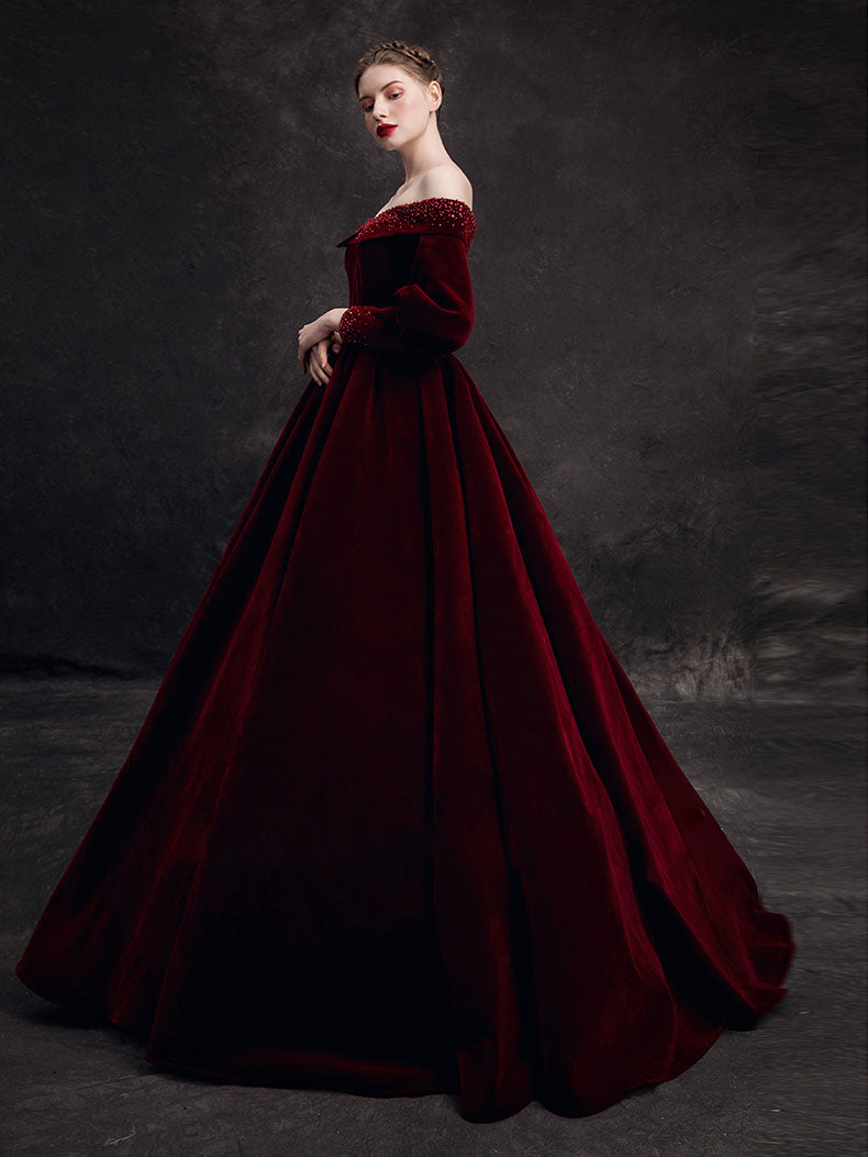 Burgundy velvet beads long prom dress, burgundy evening dress toptby Burgundy velvet beads long prom dress, burgundy evening dress toptby
