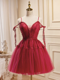 A-Line Burgundy Tulle Lace Short Prom Dresses, Burgundy Homecoming Dresses
