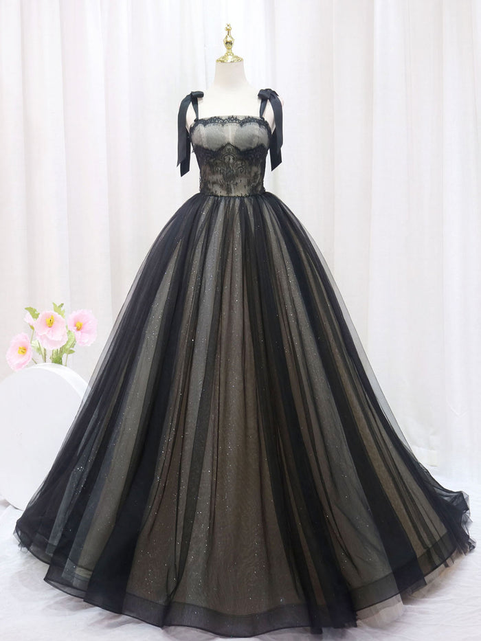 A-Line Black Tulle Lace Long Prom Dresses, Black Long Evening Dresses