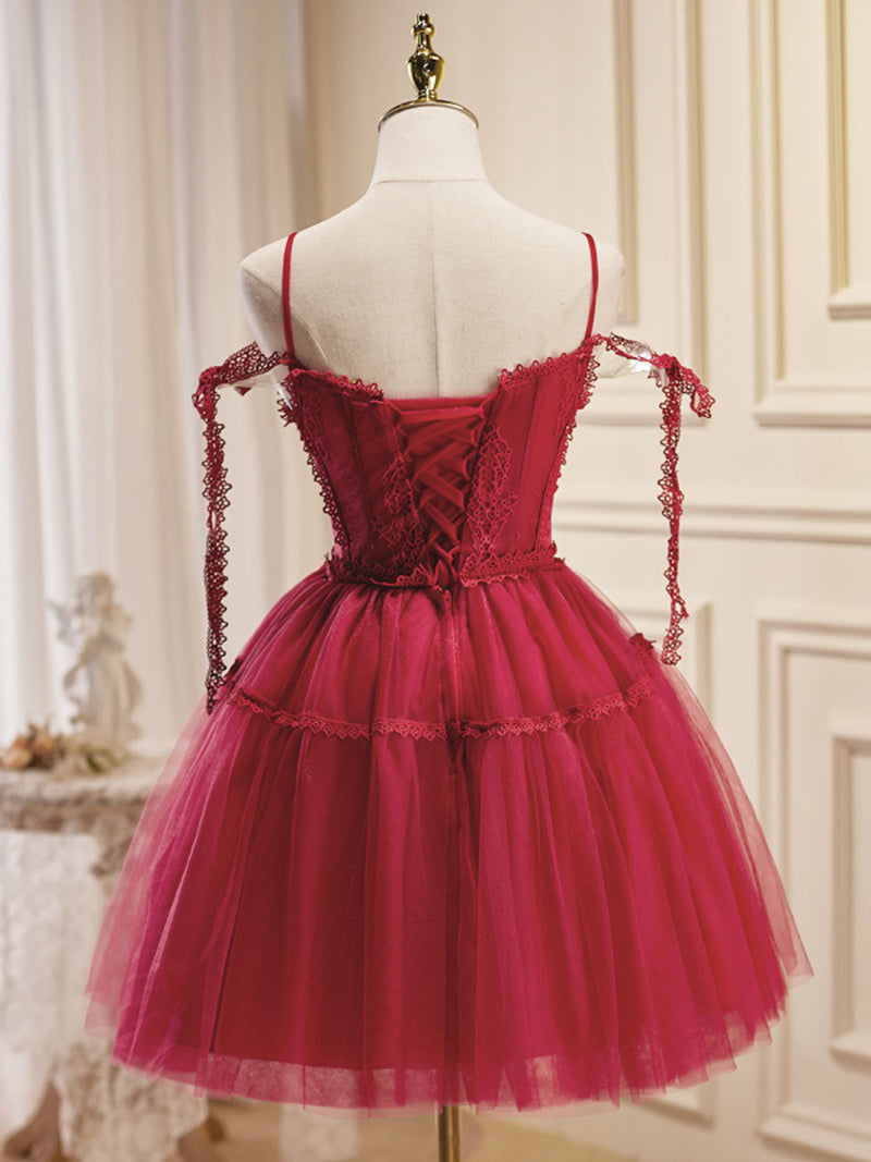 A-Line Burgundy Tulle Lace Short Prom Dresses, Burgundy Homecoming Dre toptby A-Line Burgundy Tulle Lace Short Prom Dresses, Burgundy Homecoming Dre toptby