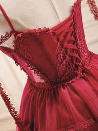A-Line Burgundy Tulle Lace Short Prom Dresses, Burgundy Homecoming Dresses