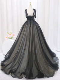 A-Line Black Tulle Lace Long Prom Dresses