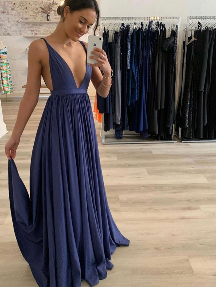 Simple blue v neck chiffon long prom dress blue evening dress