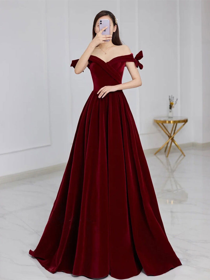 Velvet A line burgundy long prom dress, velvet bridesmaid dress