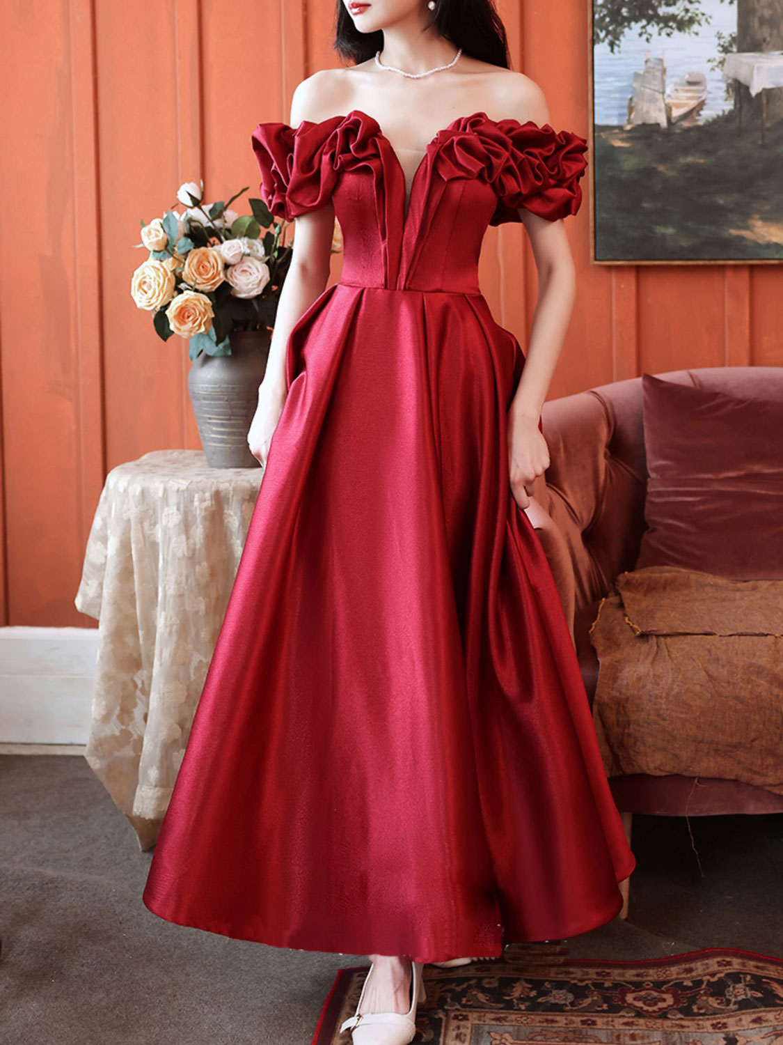 Burgundy Sweetheart Neck Satin Long Prom Dress, Satin Long Evening Dresses