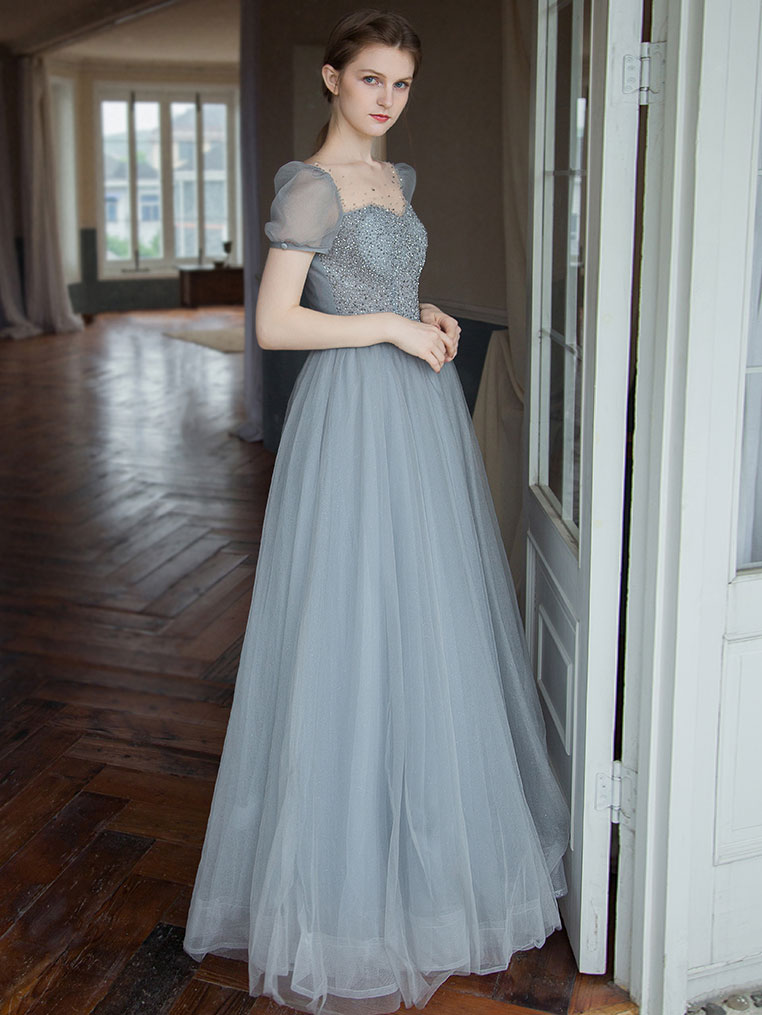 Gray tulle beads long prom dress, gray tulle formal dress